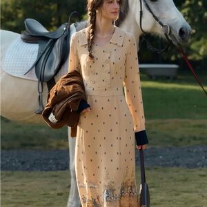 Cream Long-Sleeve Button-Front Midi Dress with Navy Detail